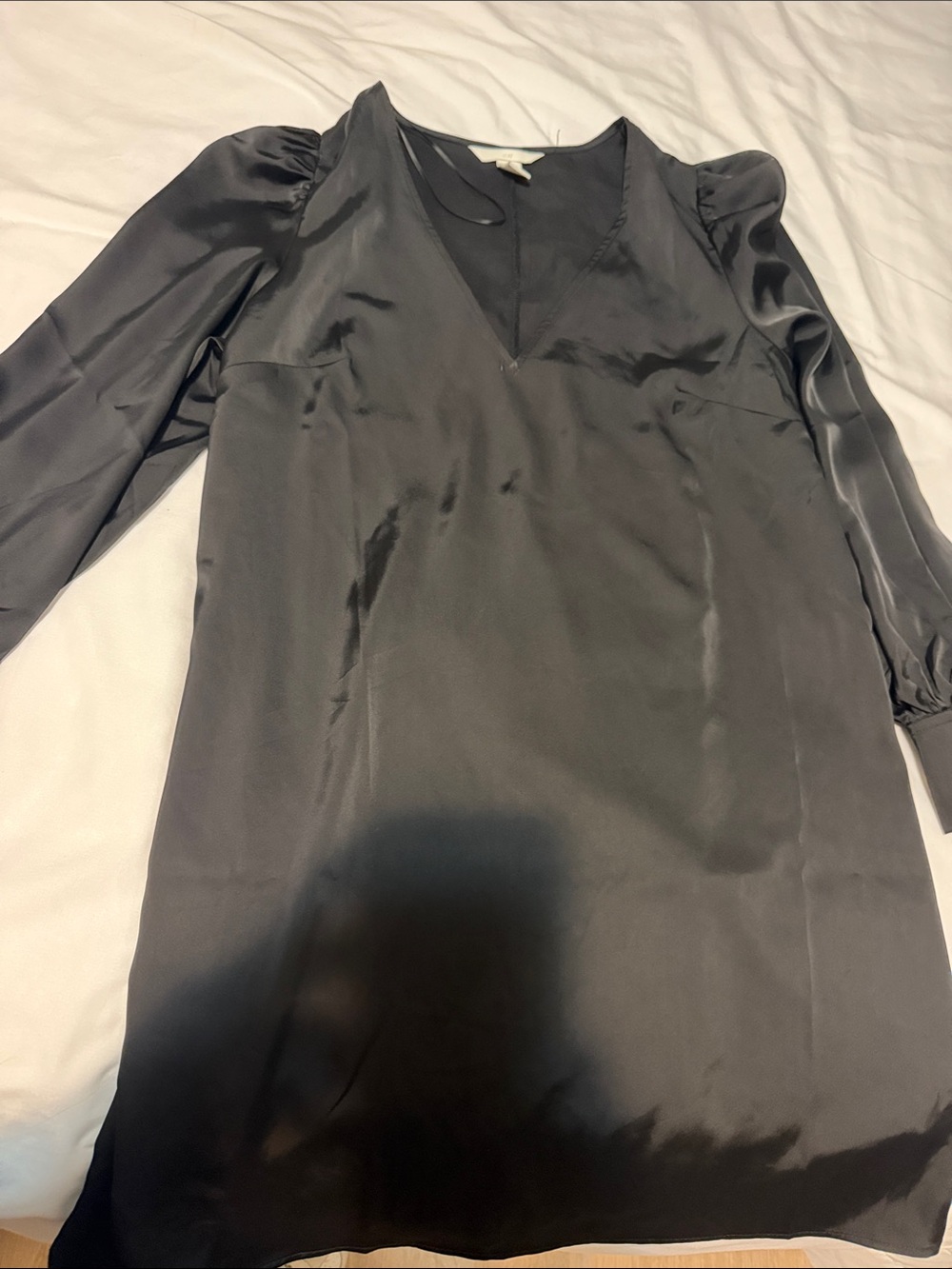 H&M Black Satin V-Neck Puff Sleeve Dress